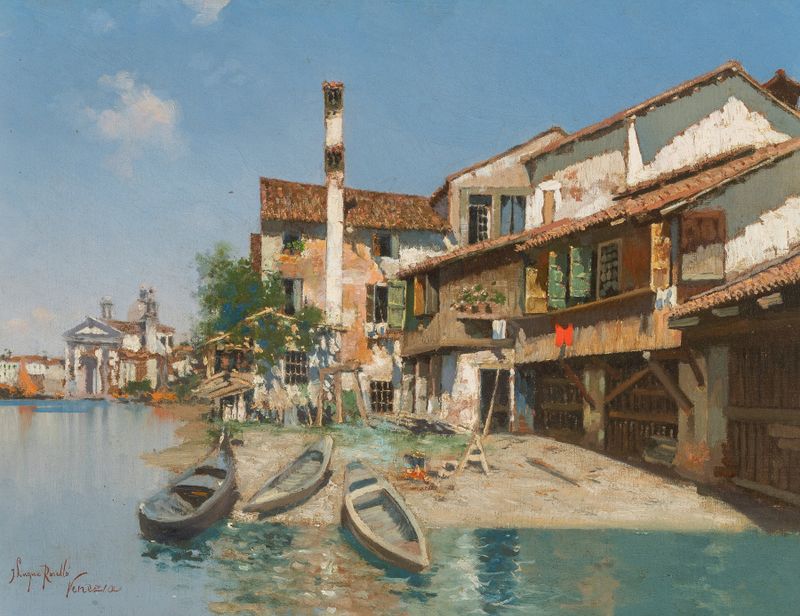 Barcos descansando na costa de um canal veneziano por Joaquin Luque Rosello, meio desconhecido