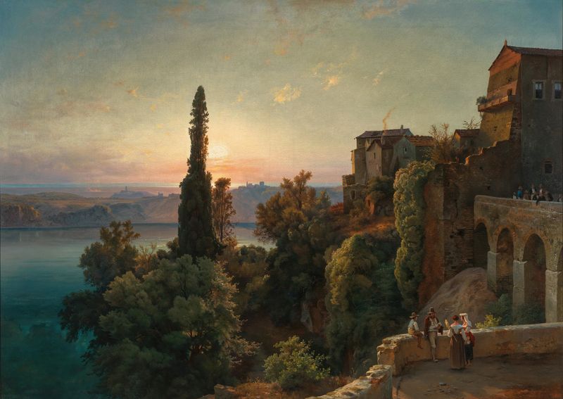 Paisaje de Lake Nemi en las Alban Hills por Louis Gurlitt, pintura al óleo