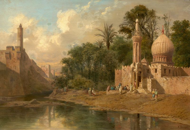 Landscape with ruins under a soft sky, oil on canvas by Adrien Dauzats