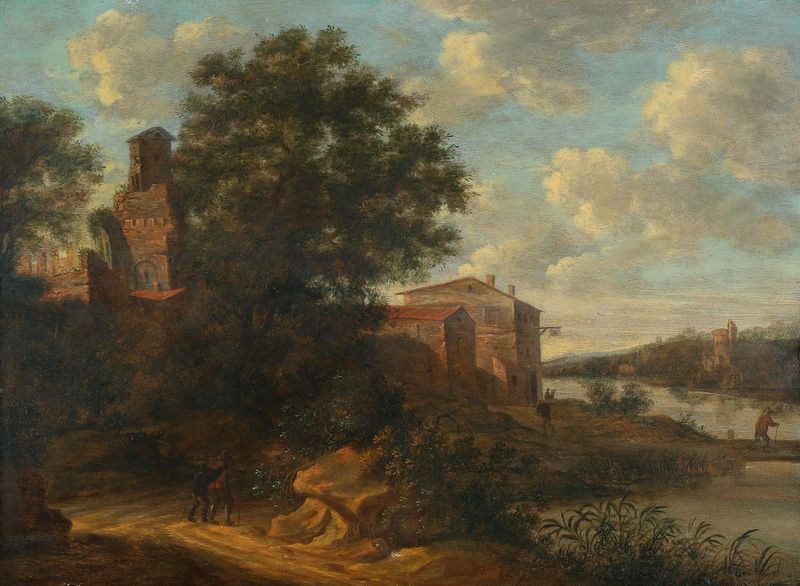 Paisagem de rio de Pieter Cosijn, 1666, retratando uma cena tranquila com água e nuvens.