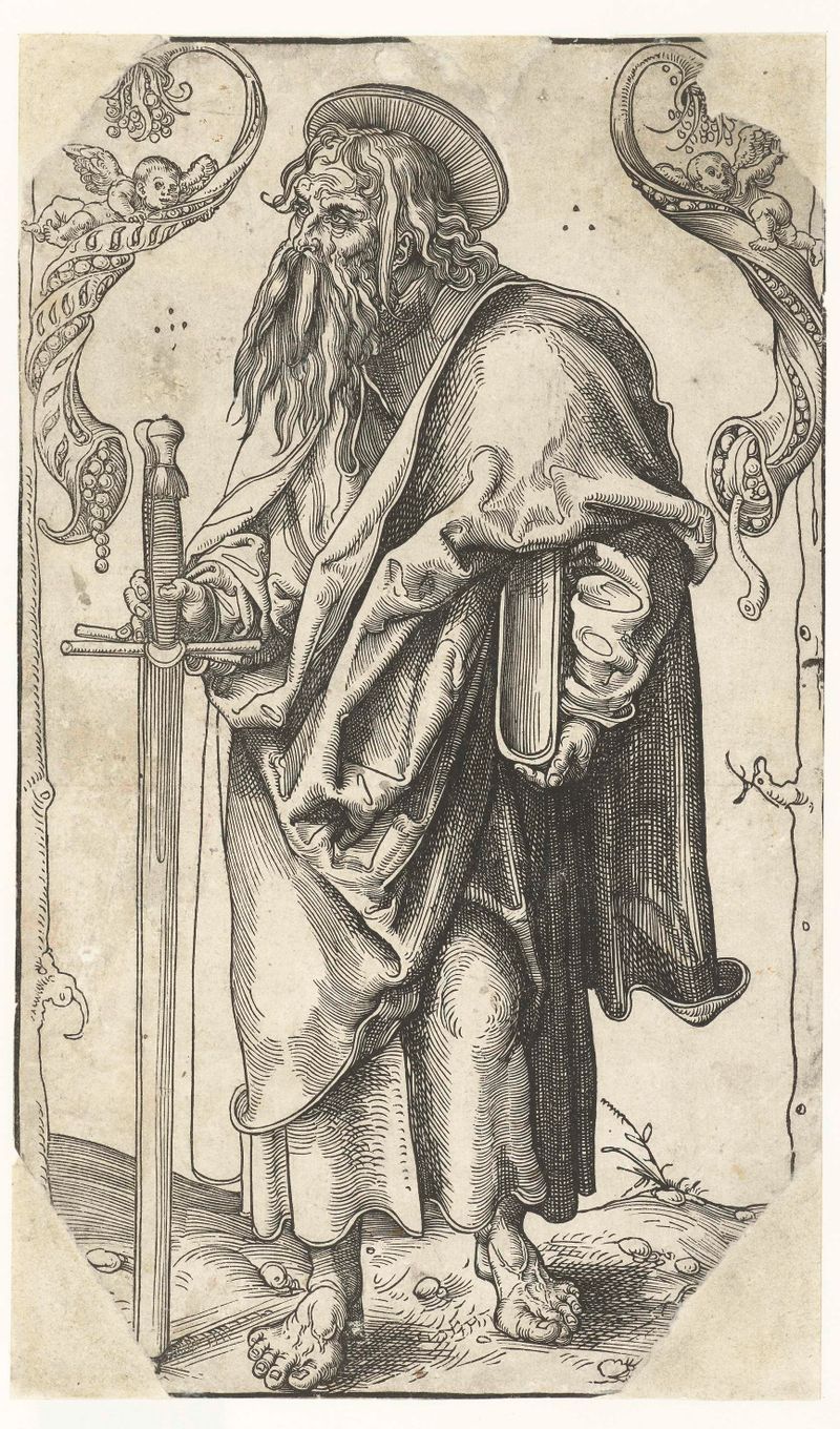 Obra religiosa en papel de Lucas Cranach que representa a Pablo con una espada y un libro.
