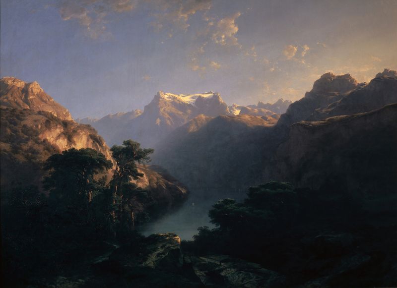 Pintura al óleo de Alexandre Calame que representa un lago tranquilo y montañas bajo luz dorada