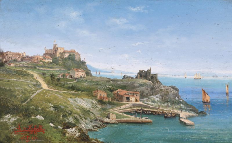 Landscape oil painting by Ludwig Rubelli von Sturmfest depicting Castello de Duino with light and shadow.