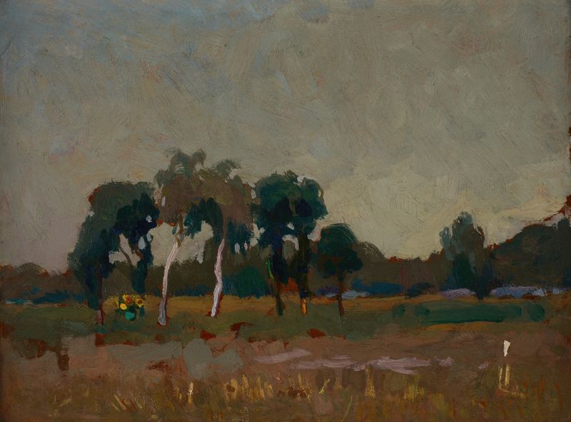 Árvores no Prado, óleo sobre tela de Jan Stanisławski, retratando uma paisagem serena com árvores e prados.