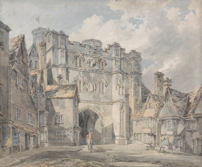 Christ Church Gate, Canterbury de Joseph Mallord William Turner, óleo que representa un arco de piedra con luz suave.