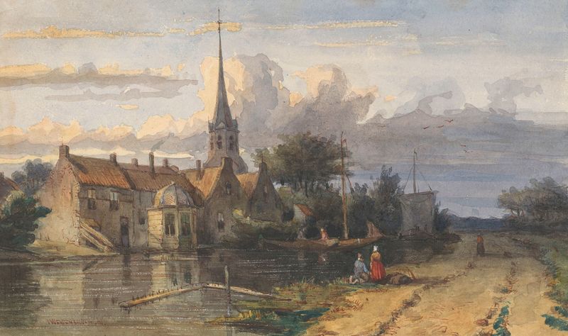 Landscape oil painting by Jan Weissenbruch depicting a village by a waterway
