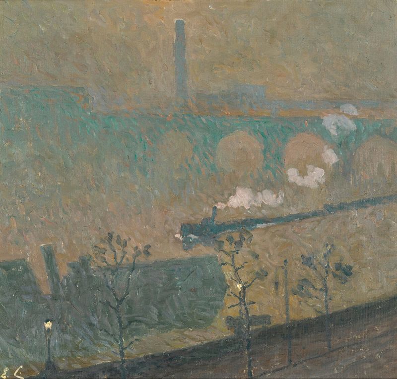 Fog, Lanternes Allumées by Emile Claus, oil on canvas depicting a foggy landscape with glowing lanterns.