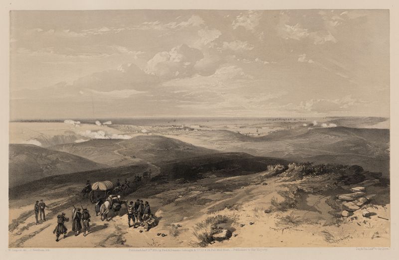 Historical landscape with English batteries and smoke, ink on paper by William Simpson