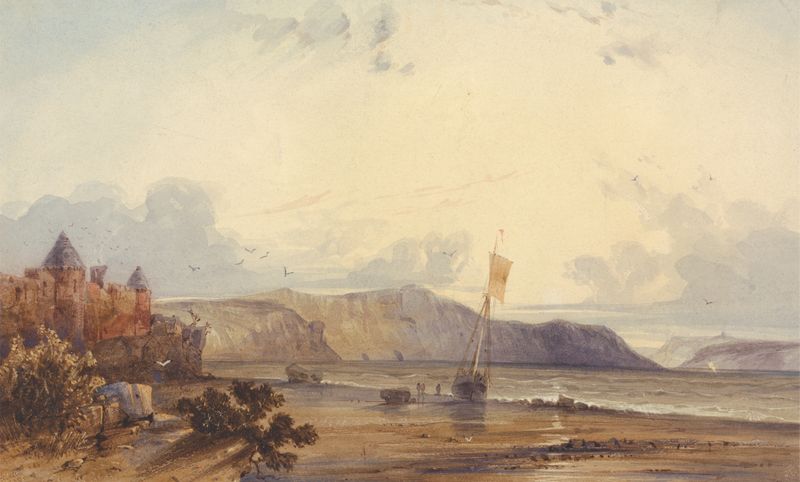 On the Coast of Brittany de Alexander T. Francia, pintura a óleo mostrando penhascos e um mar selvagem.