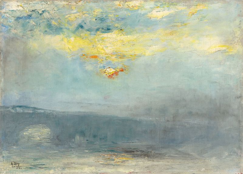 Waterloo Bridge bei Nebel, Londres de Lesser Ury, óleo sobre tela mostrando figuras na névoa