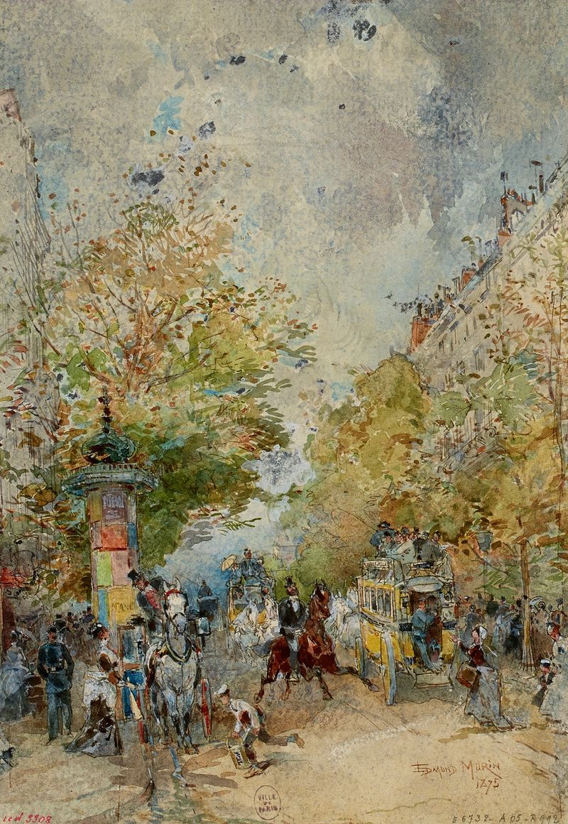Landscape oil painting by Edmond Morin featuring a quiet boulevard scene.