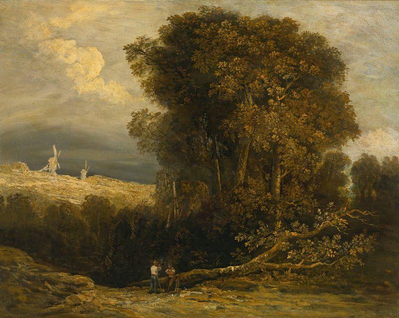 Woodcutters de Georges Michel, óleo sobre lienzo que muestra figuras trabajando en un bosque.