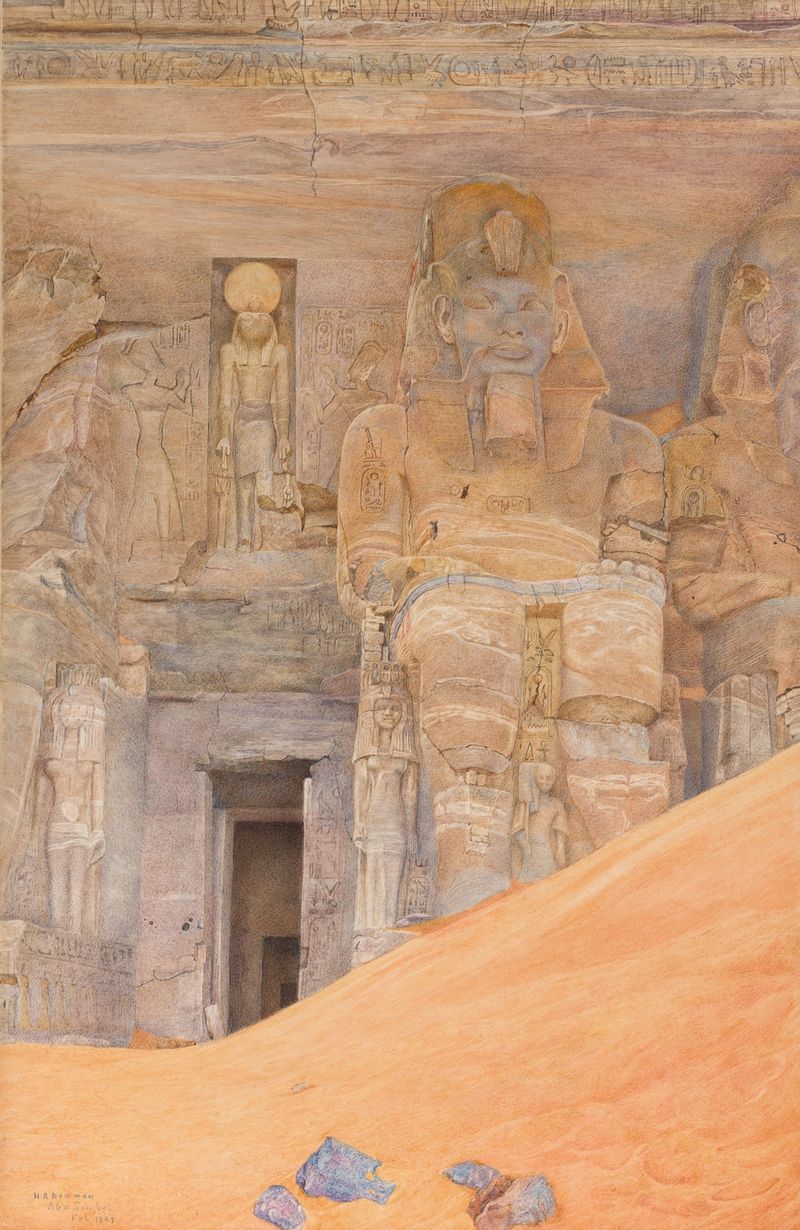 Abu Simbel by Henry Roderick Newman, oil painting depicting colossal statues in golden light