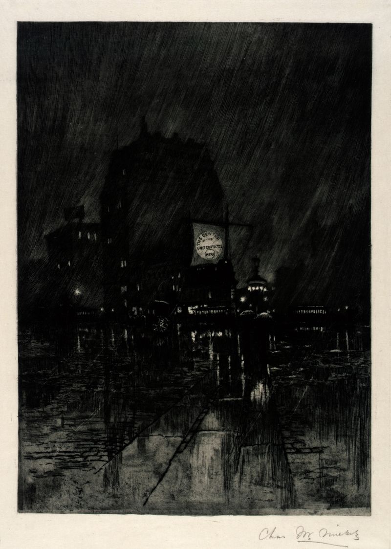 Rainy Night, Madison Square, etching by Charles Frederick William Mielatz showing a figure in the rain.