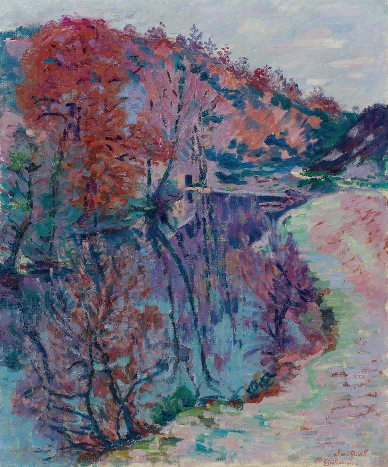 Bords De La Sedelle, Crozant de Armand Guillaumin, pintura a óleo que retrata uma cena ribeirinha com árvores e nuvens.