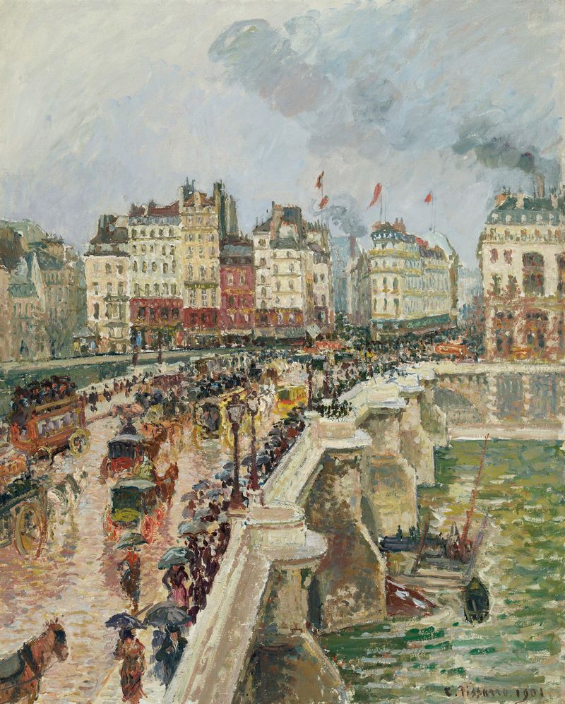 Le Pont-Neuf, après-midi de pluie de Camille Pissarro, óleo sobre tela que retrata uma rua chuvosa em Paris