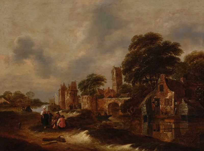 River landscape with village walls and figures conversing, by Nicolaes Molenaer.