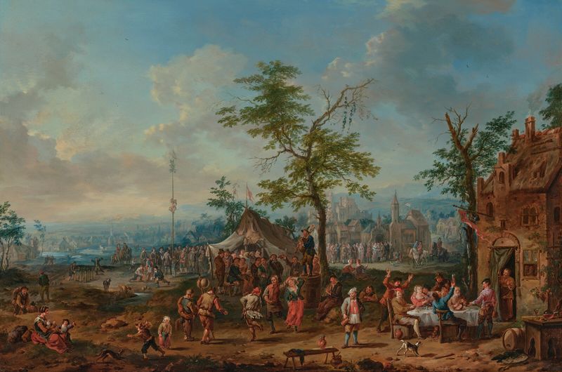 Escena de festival en el pueblo con bailarines y una ceremonia de boda, óleo de Jan Peter Van Bredael the Elder.