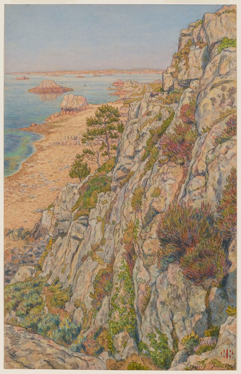 La falaise de l’oiseau de Henri Rivière, aquarela sobre papel representando falésias e oceano.