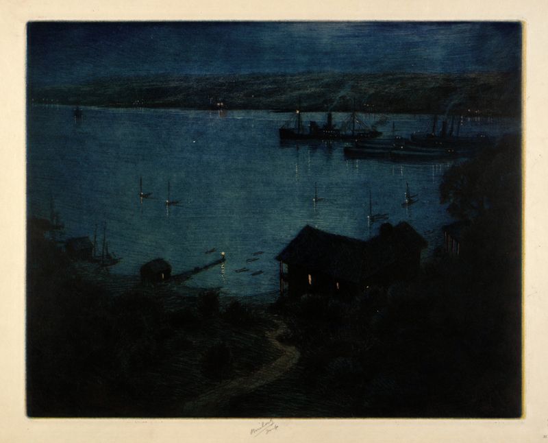 Moonlight–Hudson River etching by Charles Frederick William Mielatz depicting a tranquil landscape.