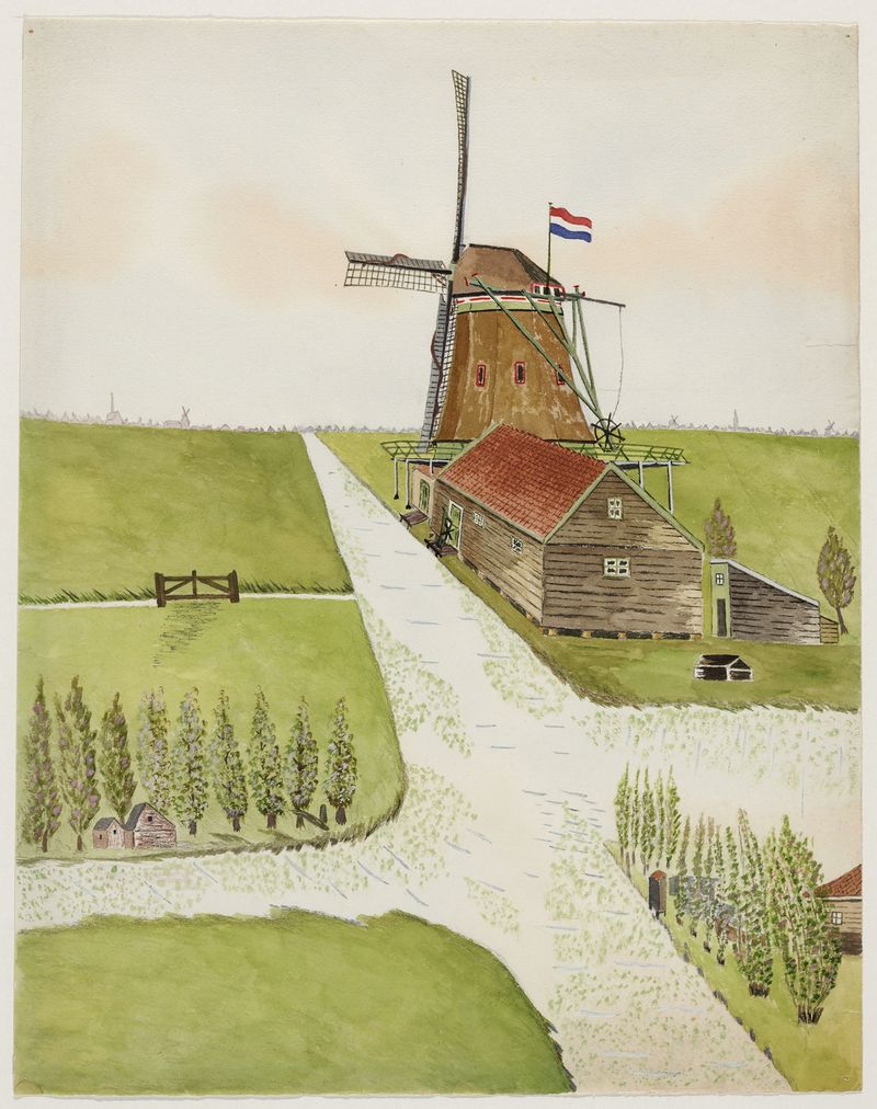 Oliemolen De Zoeker, óleo sobre lienzo de Johannes Nicolaas Eijman, que representa un molino decorado en un paisaje.