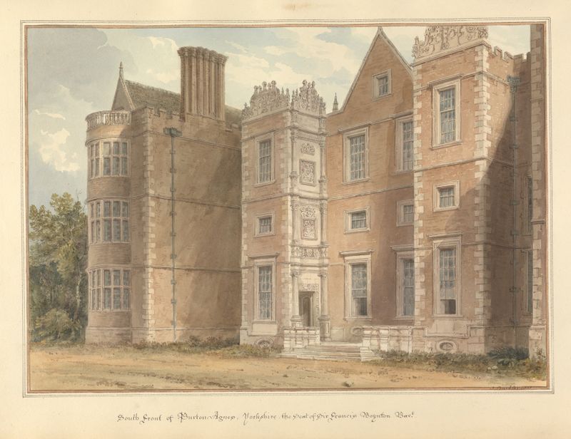 South Front of Burton Agnes de John Buckler, representando arquitetura e um lago.