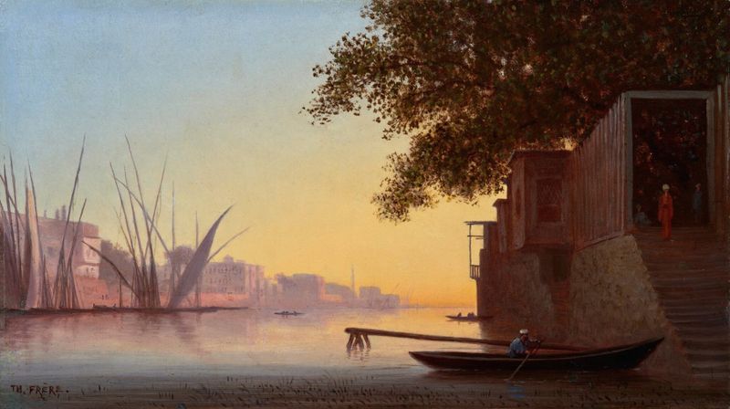 Botes dhow en el Nilo al atardecer, óleo sobre lienzo de Charles Théodore Frère