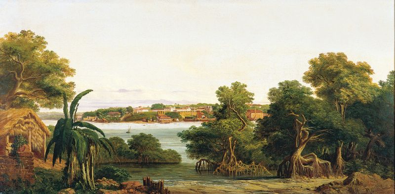 Vista de São Luis do Maranhão de Joseph Léon Righini, óleo sobre lienzo que muestra un paisaje vibrante.