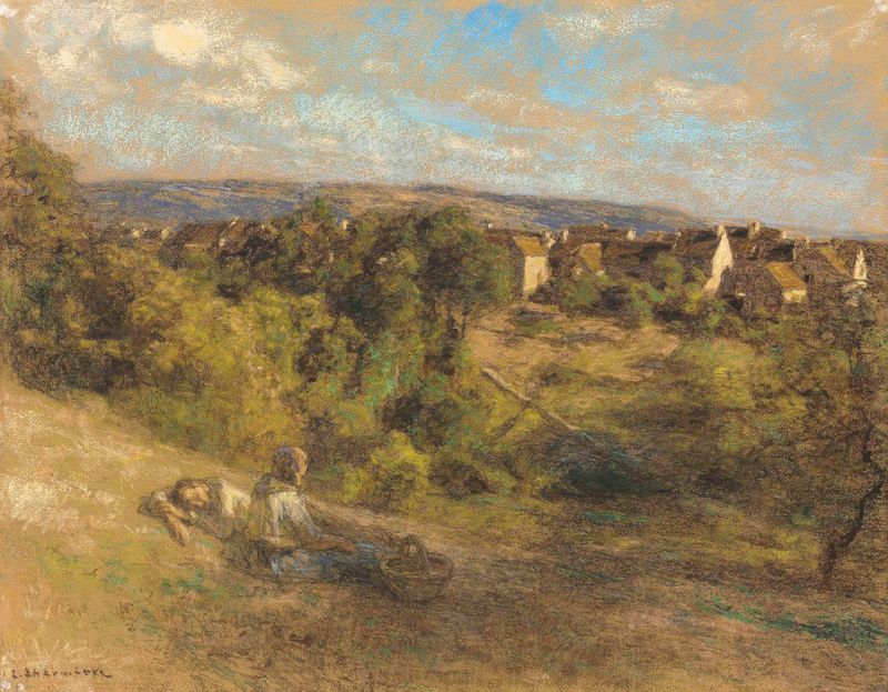 Genre scene depicting farmers resting under a tree, Léon Augustin Lhermitte, oil painting