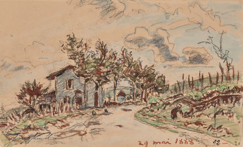 Paisaje con cabañas y colinas, óleo sobre lienzo de Johan Barthold Jongkind