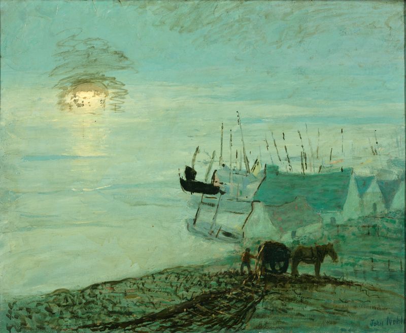 Beach Scene by John Noble, impressionism, depicting waves and sandy beach