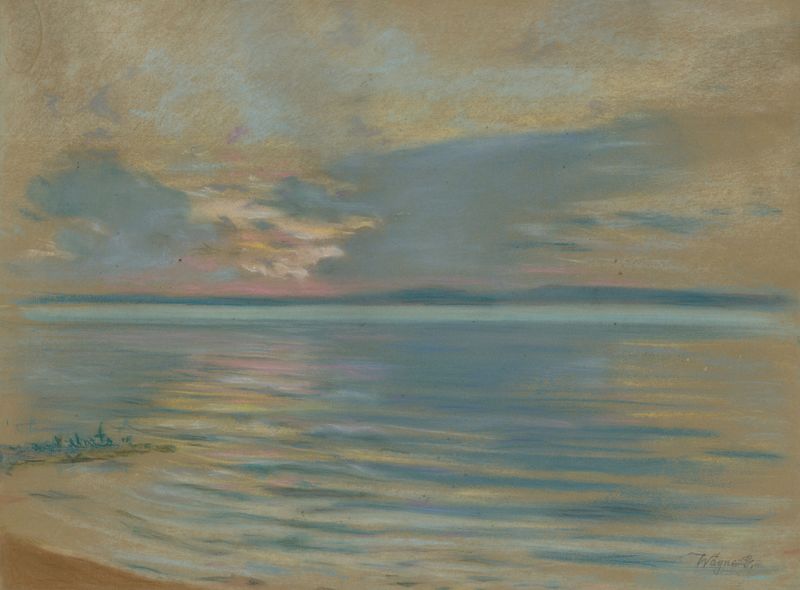 Paisagem com colinas e um lago, pintura a óleo de Géza Wágner