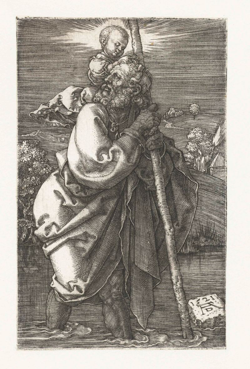 Gravura de Albrecht Dürer mostrando São Cristóvão carregando o Menino Jesus.