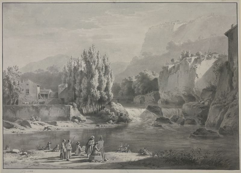 Landscape with mountains, two painters and viewers, by Jean-Jacques de Boissieu, oil painting