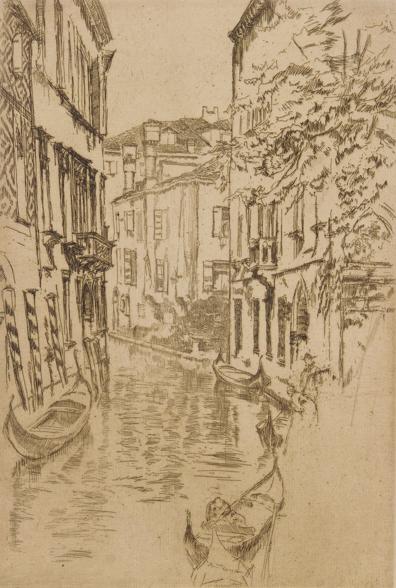 Quiet Canal de James Abbott McNeill Whistler, pintura a óleo que retrata água tranquila e árvores.