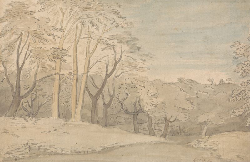 A Woody Landscape by William Blake, depicting a sun-dappled grove in oil painting.