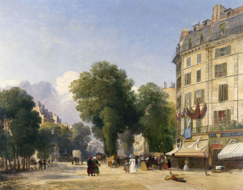 Escena de género que representa un bullicioso boulevard con figuras, pintura al óleo de Robert Stanley Colet