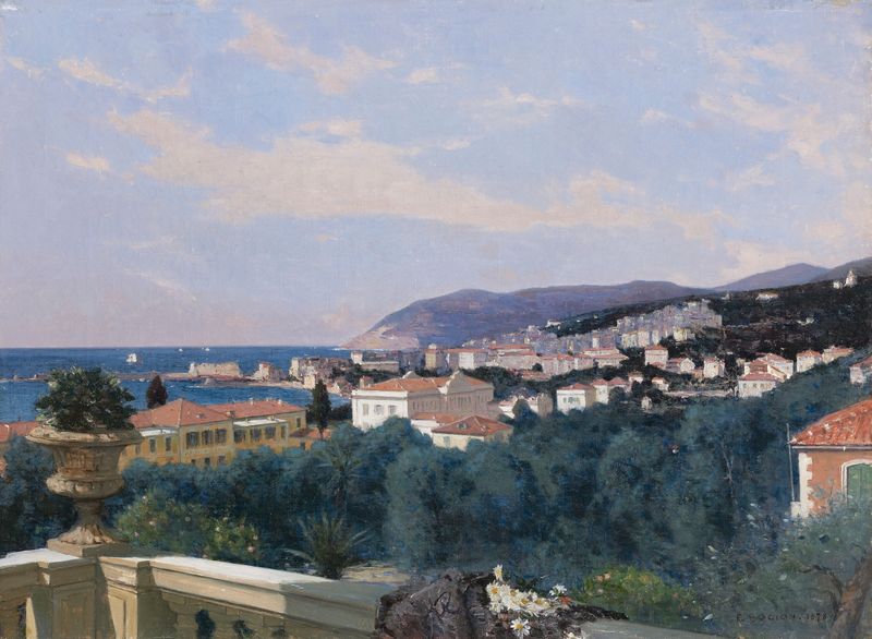 Landscape of San Remo with sunset, ocean waves, oil painting by François Bocion