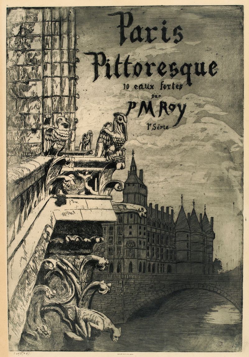 Litografia de Pierre-Marcel Roy representando Paris com árvores e luz suave.