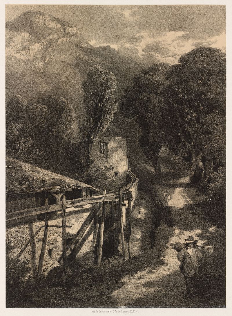 Pintura a óleo de Alexandre Calame mostrando um caminho sinuoso entre a vegetação e montanhas.