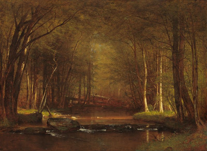 Trout Brook in the Catskills, oil painting by Worthington Whittredge, depicting a serene landscape with a stream.