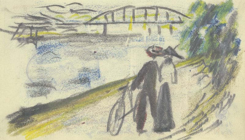 Caminho no Reno, óleo sobre tela de August Macke, apresentando um caminho sinuoso e folhagem exuberante.