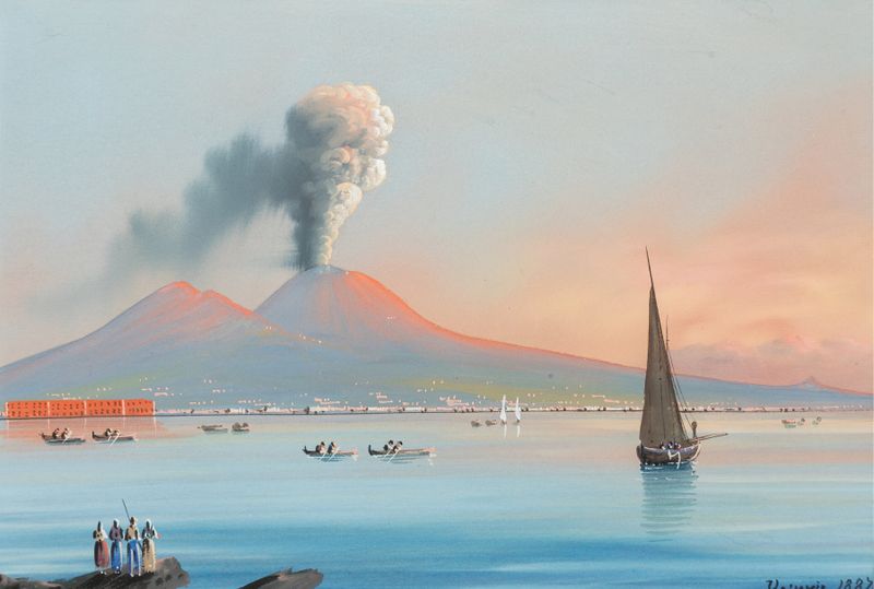 Eruption of Mount Vesuvius, oil on canvas by Italian School, showing townsfolk fleeing from lava.