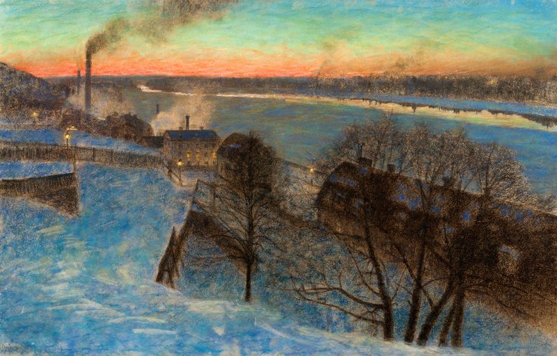 Evening in February, Riddarfjärden by Eugène Jansson, oil painting depicting a winter landscape with water reflections.