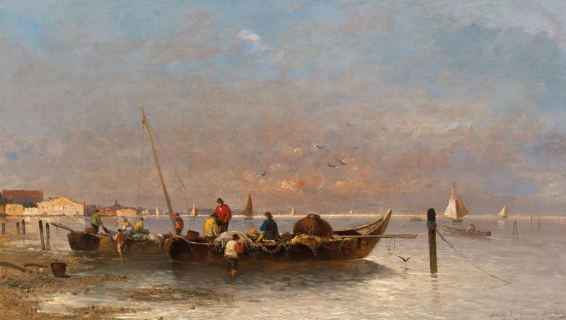 Fishermen in Venice by Adolf Kaufmann, oil painting depicting two fishermen preparing their boat at dawn.