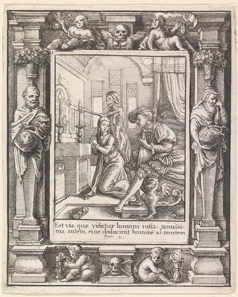 Grabado de Wenceslaus Hollar de una figura con túnica en introspección iluminada por luz.