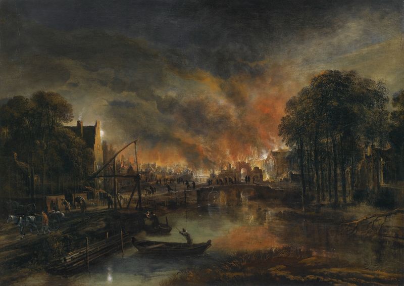 Aert van der Neer's oil painting of a moonlit landscape with a burning village.