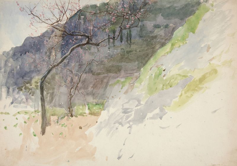 Paisagem montanhosa com árvores brotando, pintura a óleo de Edwin Austin Abbey