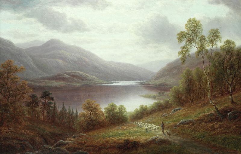 Pintura a óleo de William Mellor retratando o lago Thirlmere com colinas e nuvens