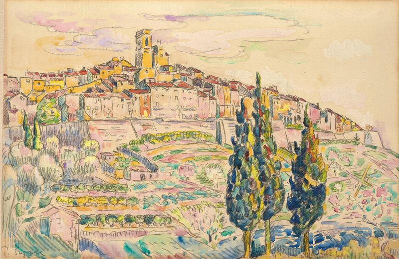 Cena marinha com cores vibrantes, pintura a óleo de Paul Signac